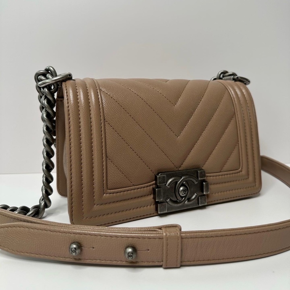 CHANEL Small Boy Flap in Dark Beige Chevron Caviar with Ruthenium Hardware